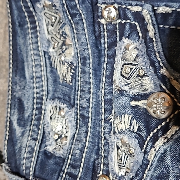 MISS ME EMBROIDERED BLING STUD DISTRESSED MID-RISE BOOT-CUT DENIM JEAN - Picture 9 of 16